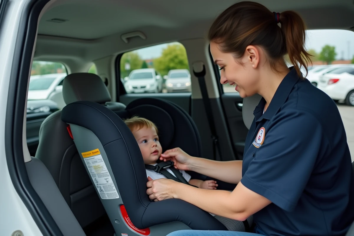 Technicienne spécialisée démontrant l'installation correcte d'un siège auto sur base ISOFIX dans un SUV familial