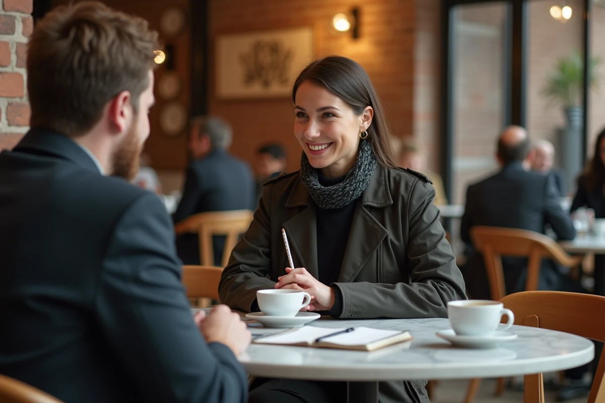 Entretien journalistique dans un café parisien entre une personnalité médiatique et un intervieweur, illustration de rumeurs et réalité publique