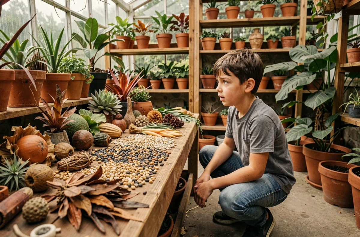 Un enfant observant des curiosités botaniques et des graines exotiques à la Jardinerie de Curiosités Taffin