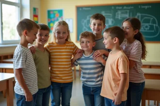 Groupe d'élèves de primaire jouant au jeu touche touche pas en cercle dans une salle de classe colorée