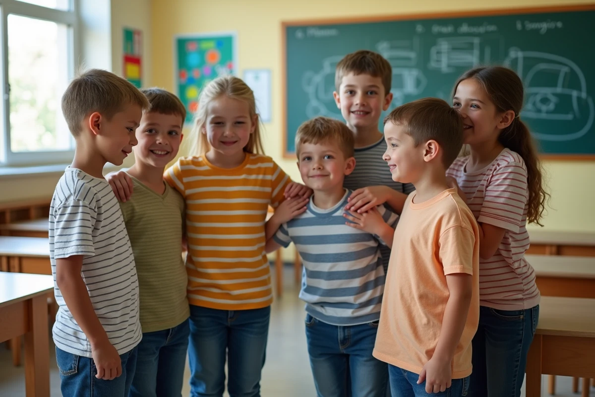 Groupe d'élèves de primaire jouant au jeu touche touche pas en cercle dans une salle de classe colorée