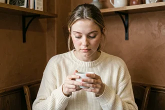 Jeune femme brune dans la trentaine tenant une tasse dans un café, illustrant une réflexion sur la vie personnelle et les rumeurs de maternité