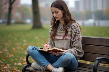 Jeune femme assise sur un banc en ville en journalisant