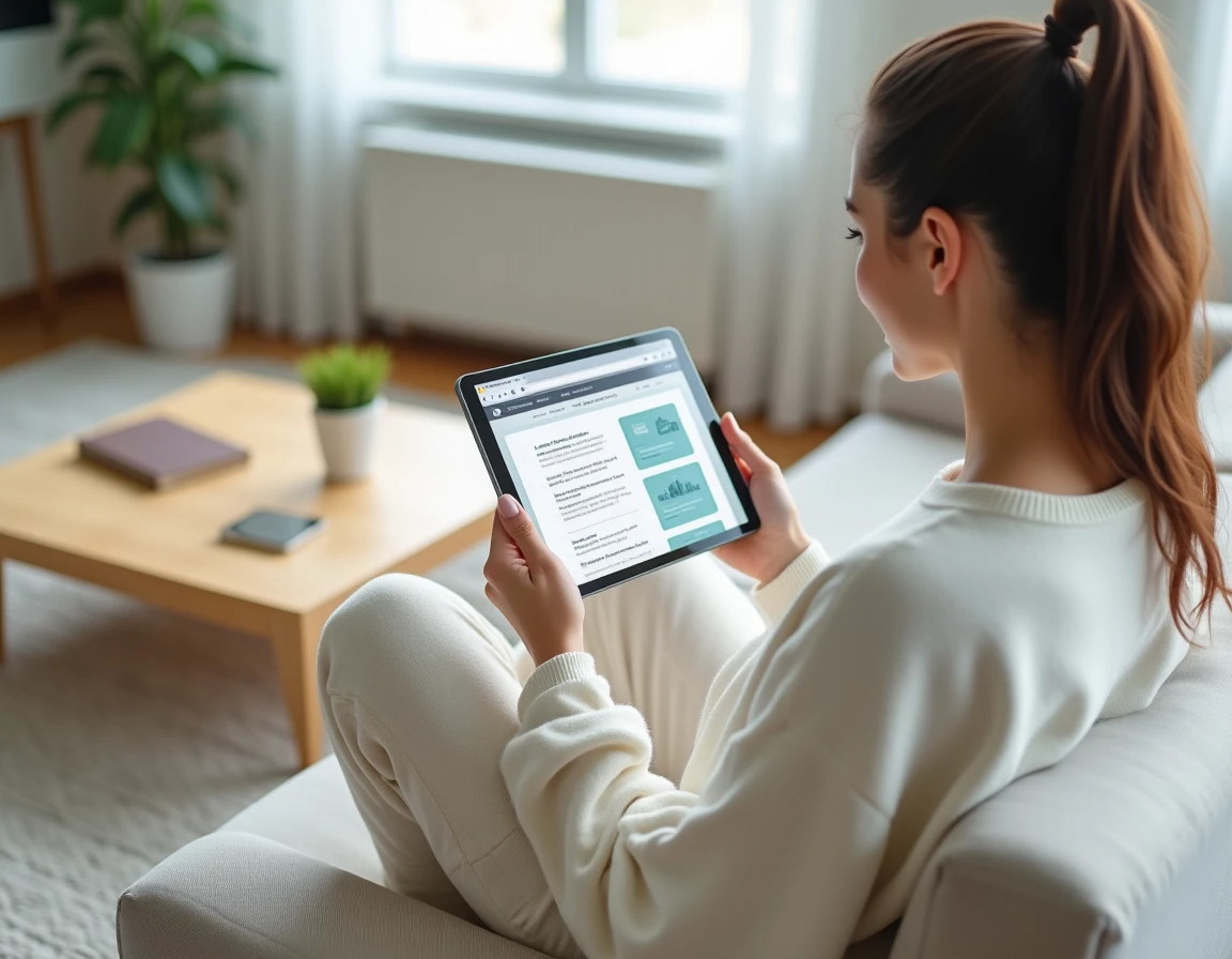 Jeune femme utilisant une tablette pour effectuer une demande d'acte de naissance en ligne depuis son salon