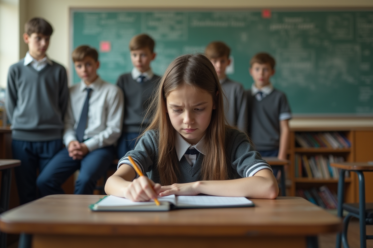 Jeune fille en classe avec garçons chuchotant derrière elle