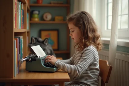 Jeune fille de 8 ans écrivant avec une machine à écrire vintage