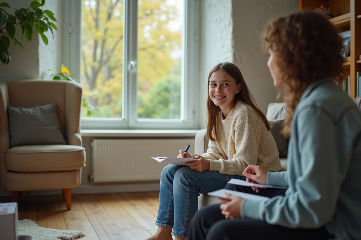 Adolescente souriante répondant à des adultes dans le salon