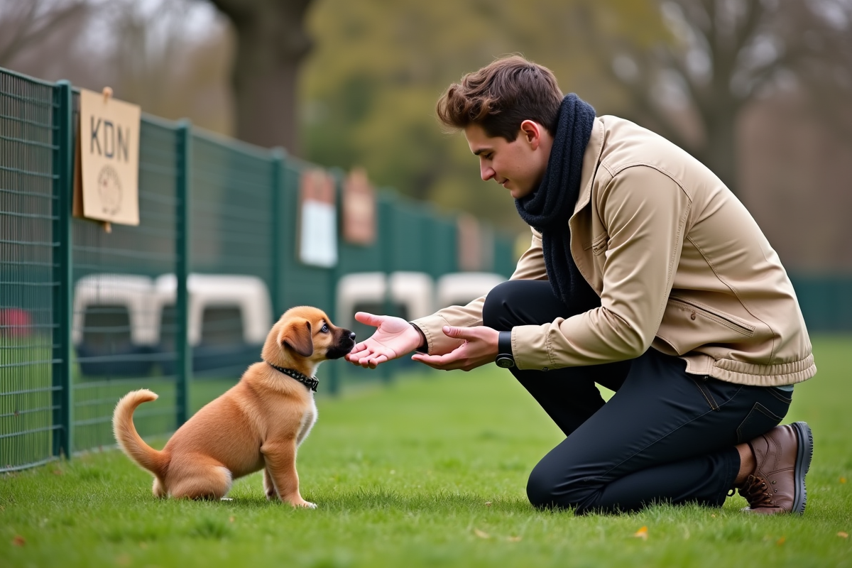 Jeune homme avec un chiot dans un parc lors d