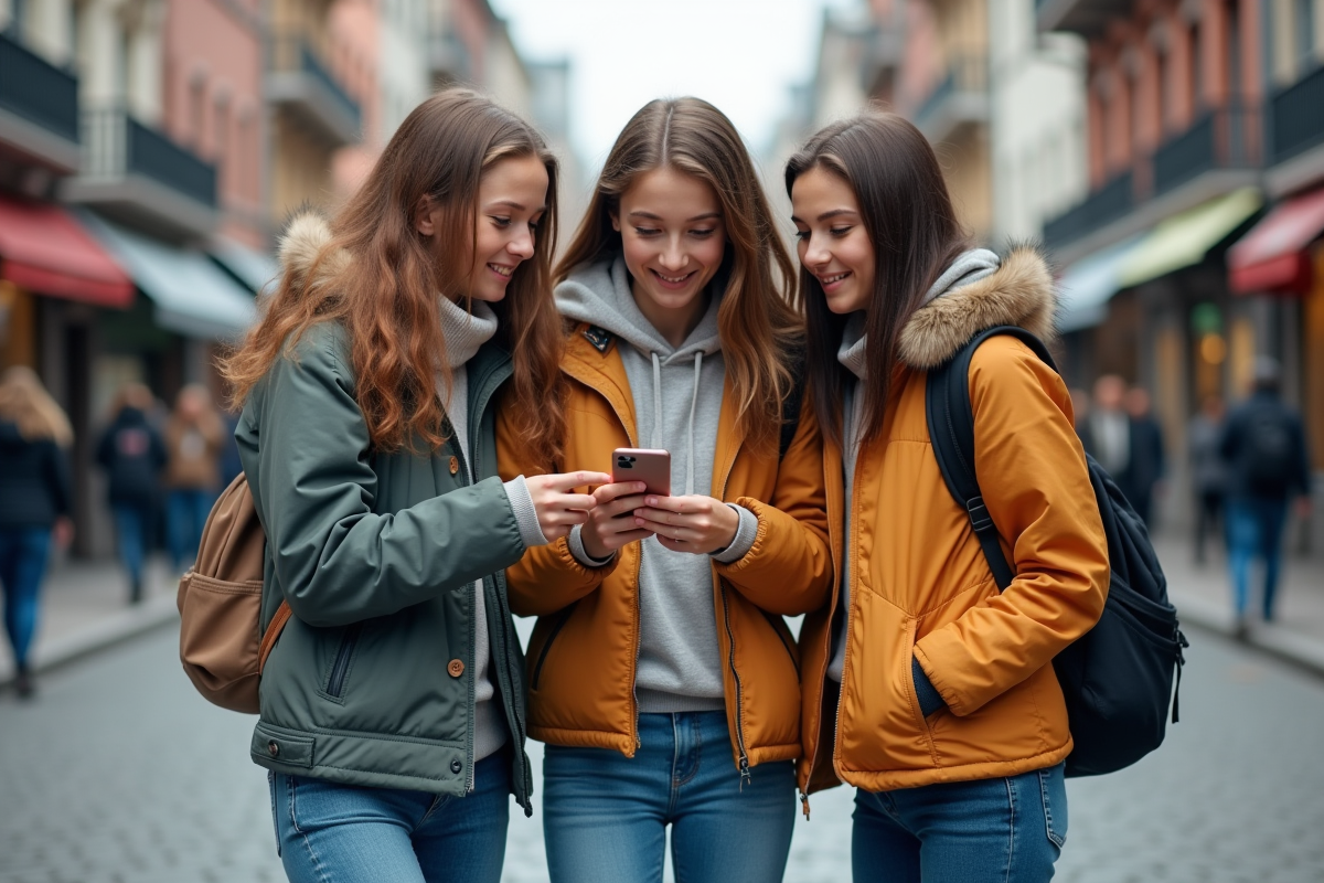 Trois adolescentes souriantes sur une rue urbaine