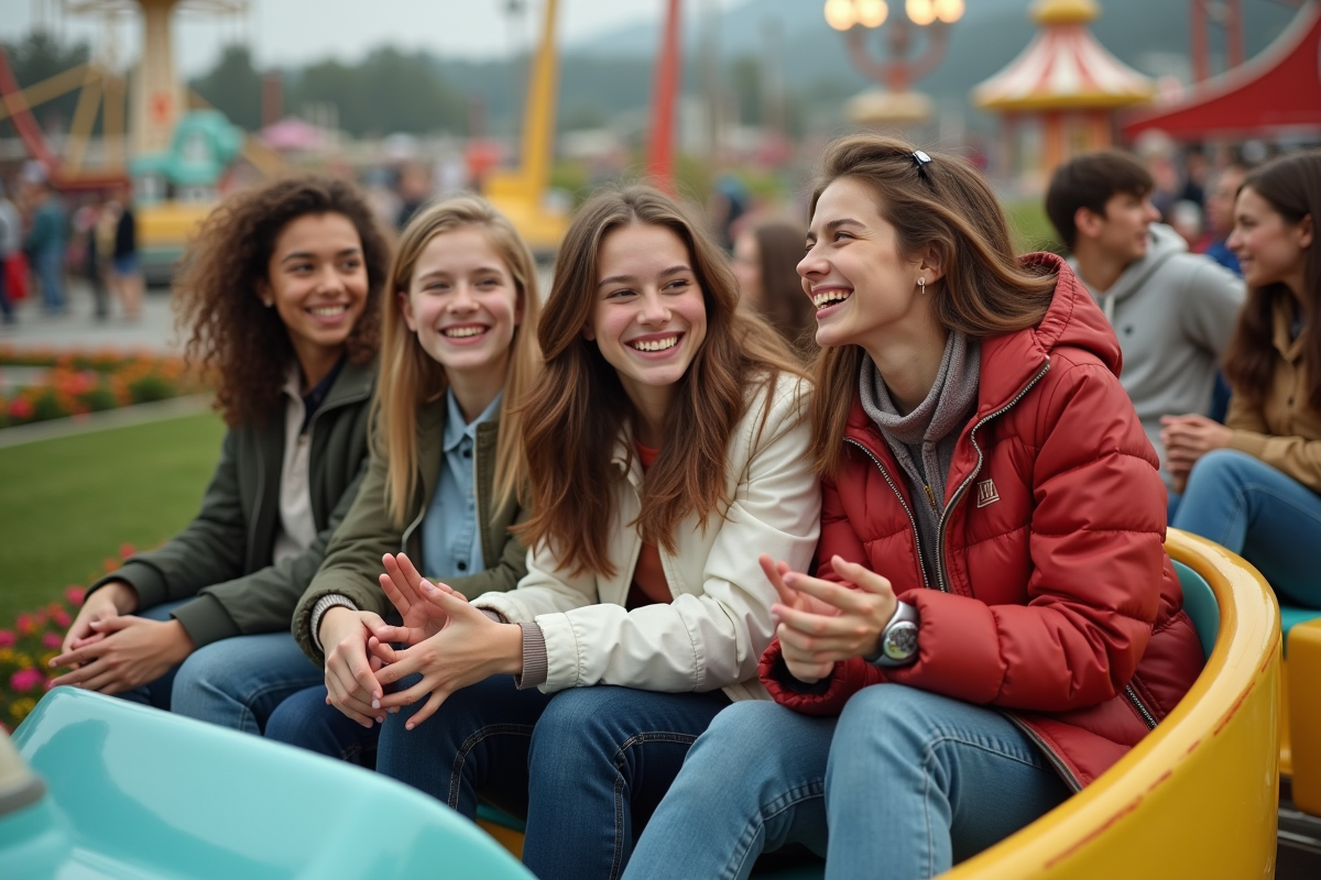 Adolescents riant sur la grande attraction du parc