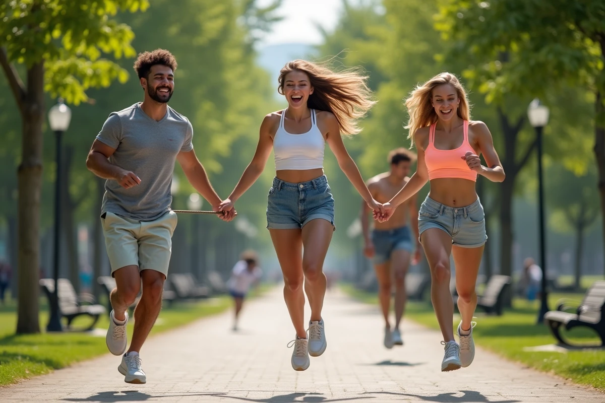 Jeunes sautant &agrave; la corde dans un parc urbain en &eacute;t&eacute;