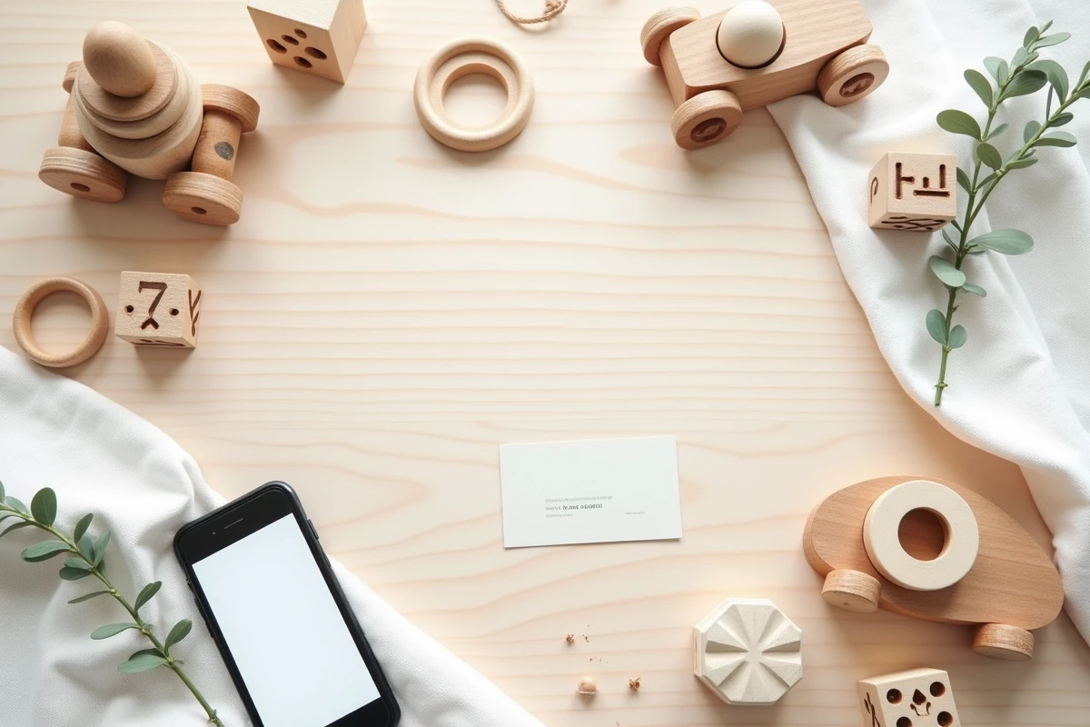 Jouets en bois artisanaux disposés avec un bon de réduction et un smartphone affichant un code promo