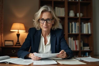 Femme journaliste enquêtant sur des documents liés à une rumeur concernant la vie privée de Mylène Farmer