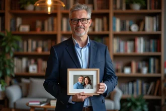 Journaliste d age moyen dans sa bibliothèque chaleureuse