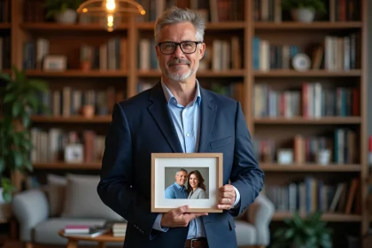 Journaliste d age moyen dans sa bibliothèque chaleureuse
