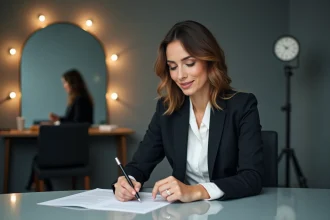 Journaliste femme assise dans une loge de studio de télévision, examinant des notes avec une expression concentrée et professionnelle