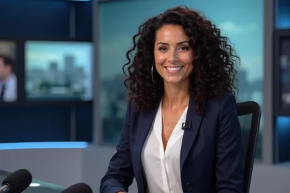 Journaliste française d'origine multiculturelle assise à un bureau de presse avec microphones, portrait professionnel en studio télévisé