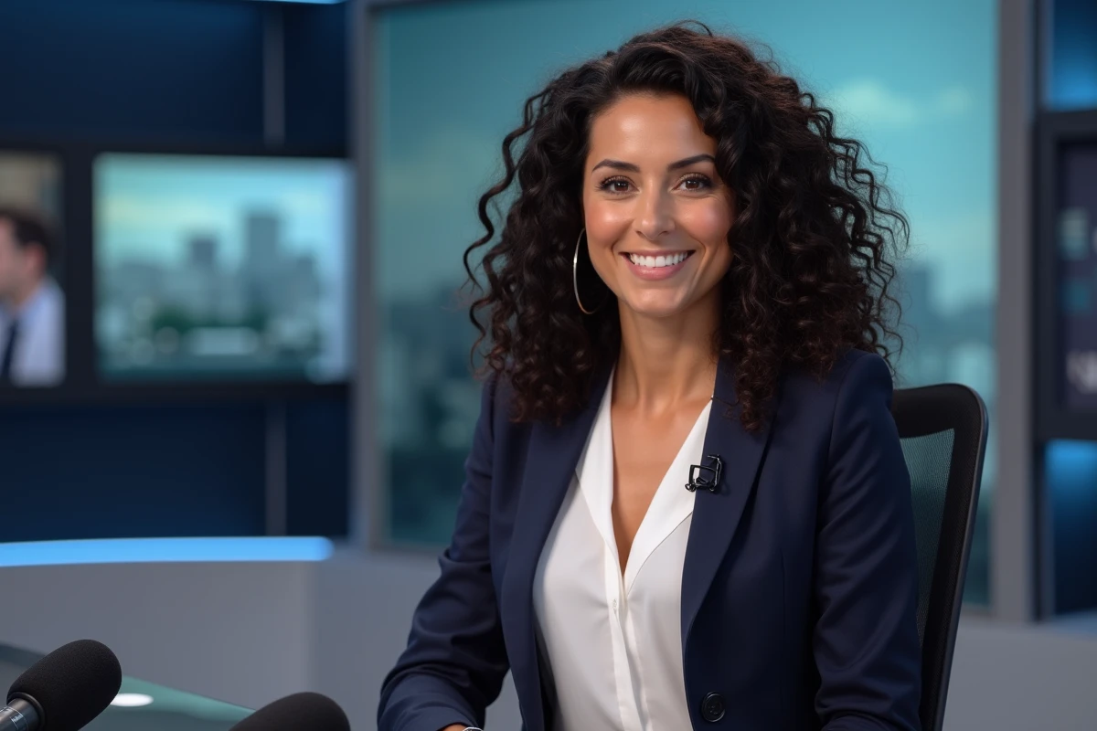 Journaliste française d'origine multiculturelle assise à un bureau de presse avec microphones, portrait professionnel en studio télévisé