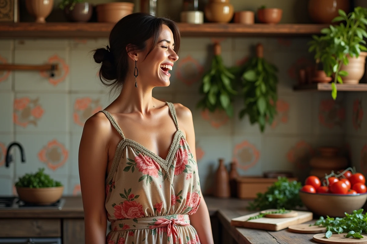 Femme élégante dans une cuisine italienne rustique, illustrant la culture et les traditions culinaires des origines italiennes de Kelly Vedovelli