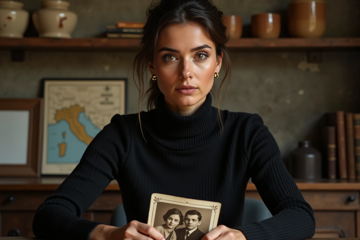 Femme tenant une ancienne photo de famille, symbolisant la transmission des racines et de l'héritage culturel italien
