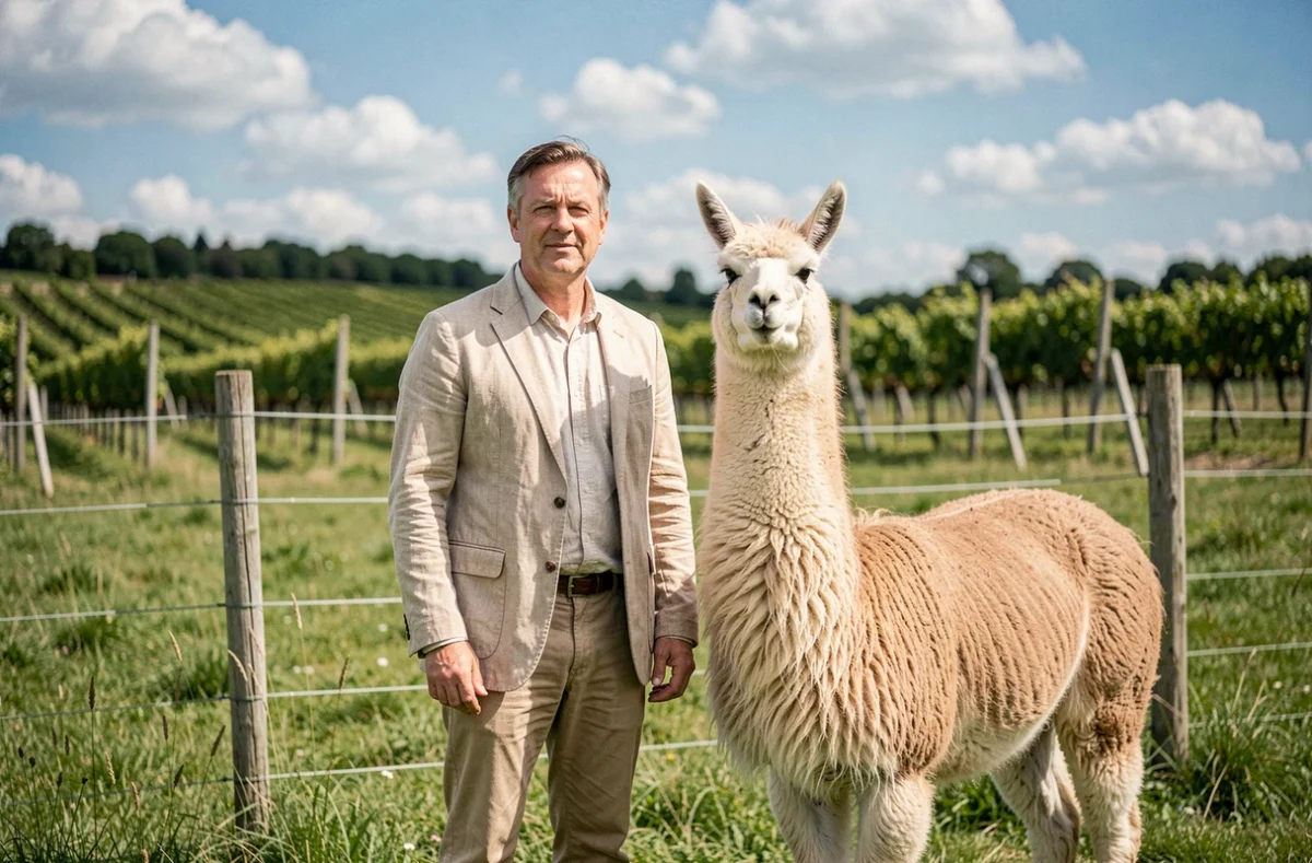 Un visiteur pose aux côtés d'un lama dans le pré de la ferme Lama Émoi à Saint-Aignan