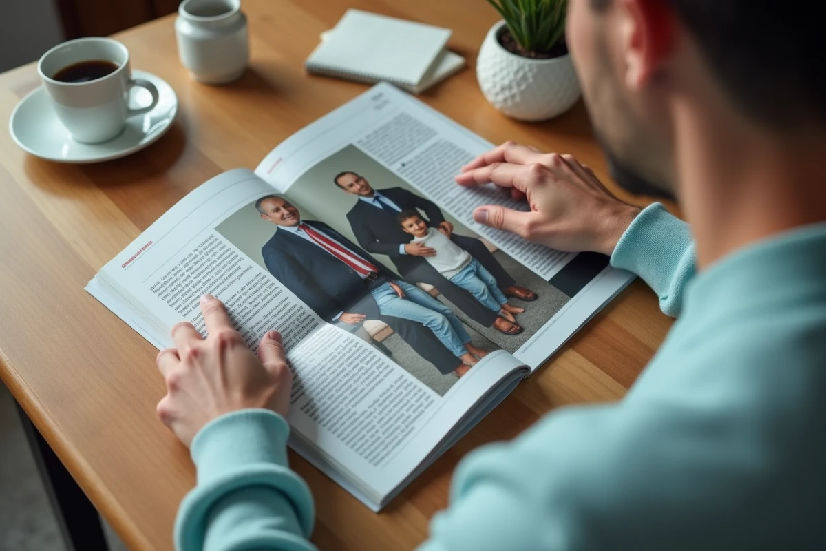 Main d adulte lisant un magazine sur une table de cuisine