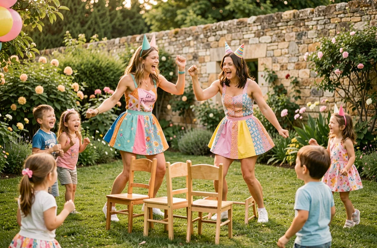 Les animatrices des Fripouilles en costumes colorés animant un jeu de chaises musicales dans un jardin pour un anniversaire