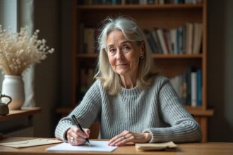 Femme écrivant une lettre de condoléances à la main sur du papier crème avec un stylo plume, assise à un bureau en bois dans un intérieur calme et sobre