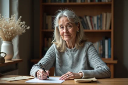 Femme écrivant une lettre de condoléances à la main sur du papier crème avec un stylo plume, assise à un bureau en bois dans un intérieur calme et sobre