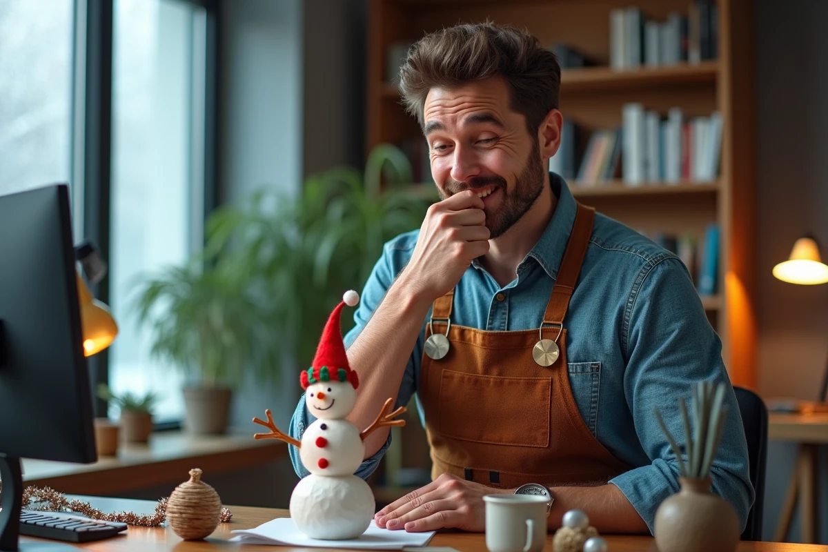 Homme déguisé en lutin rieur réalisant une sculpture de bonhomme de neige avec des fournitures de bureau à domicile
