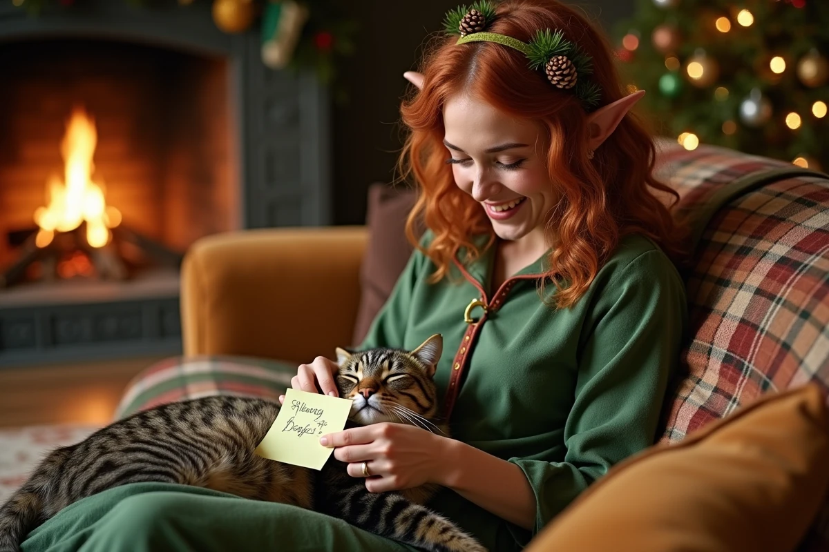 Femme déguisée en lutin espiègle collant un message rigolo sur un chat endormi dans un salon de Noël