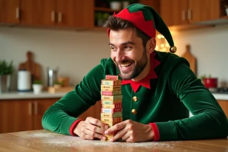 Lutin farceur adulte en costume de Noël empilant des boîtes de céréales dans une cuisine chaleureuse
