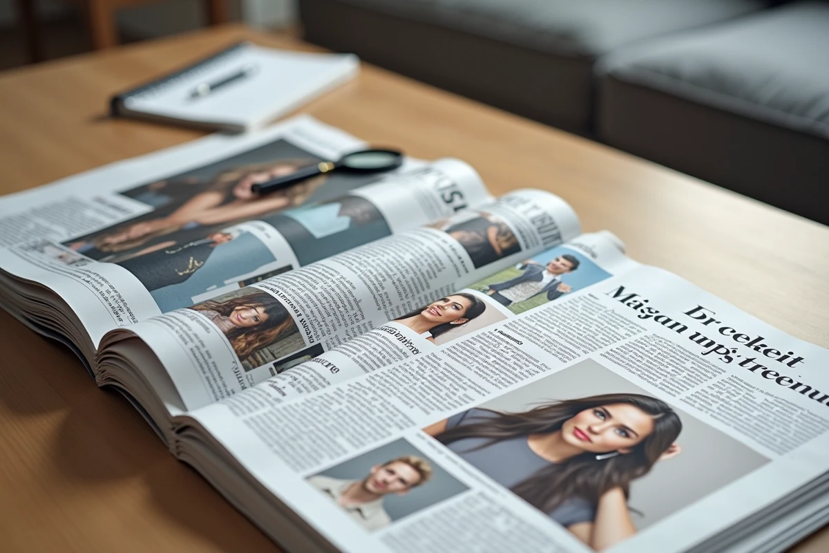 Magazines et articles imprimés sur une table pour illustrer une enquête sur les rumeurs autour de la vie de Mylène Farmer