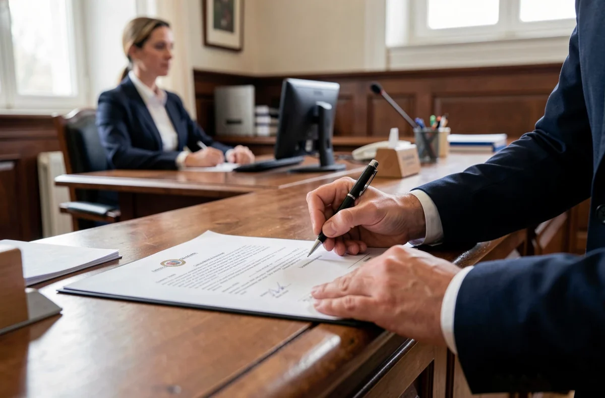Mains signant un formulaire de dissolution devant un agent de mairie