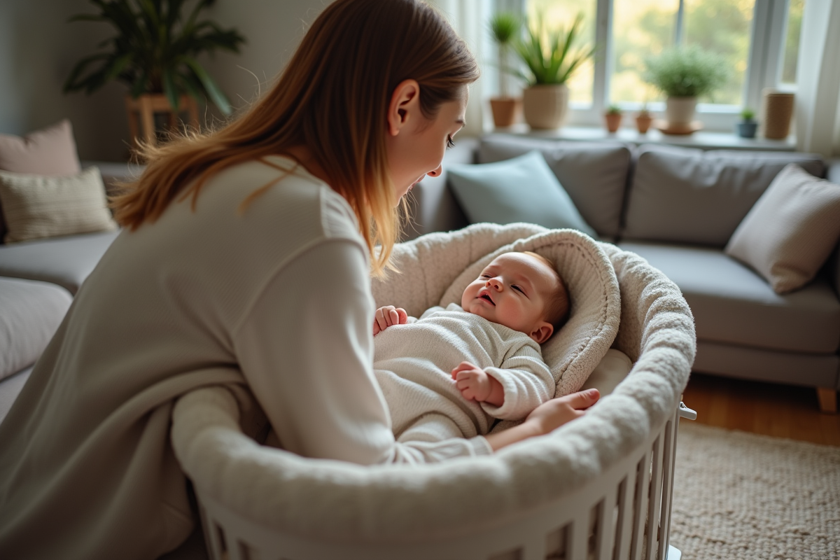 Maman tenant son bébé dans un berceau moderne en soirée