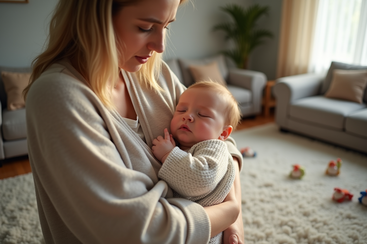 Maman tenant sa fille endormie dans un salon ensoleille
