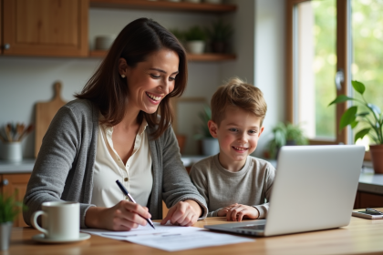 Femme souriante avec son enfant dans une cuisine chaleureuse