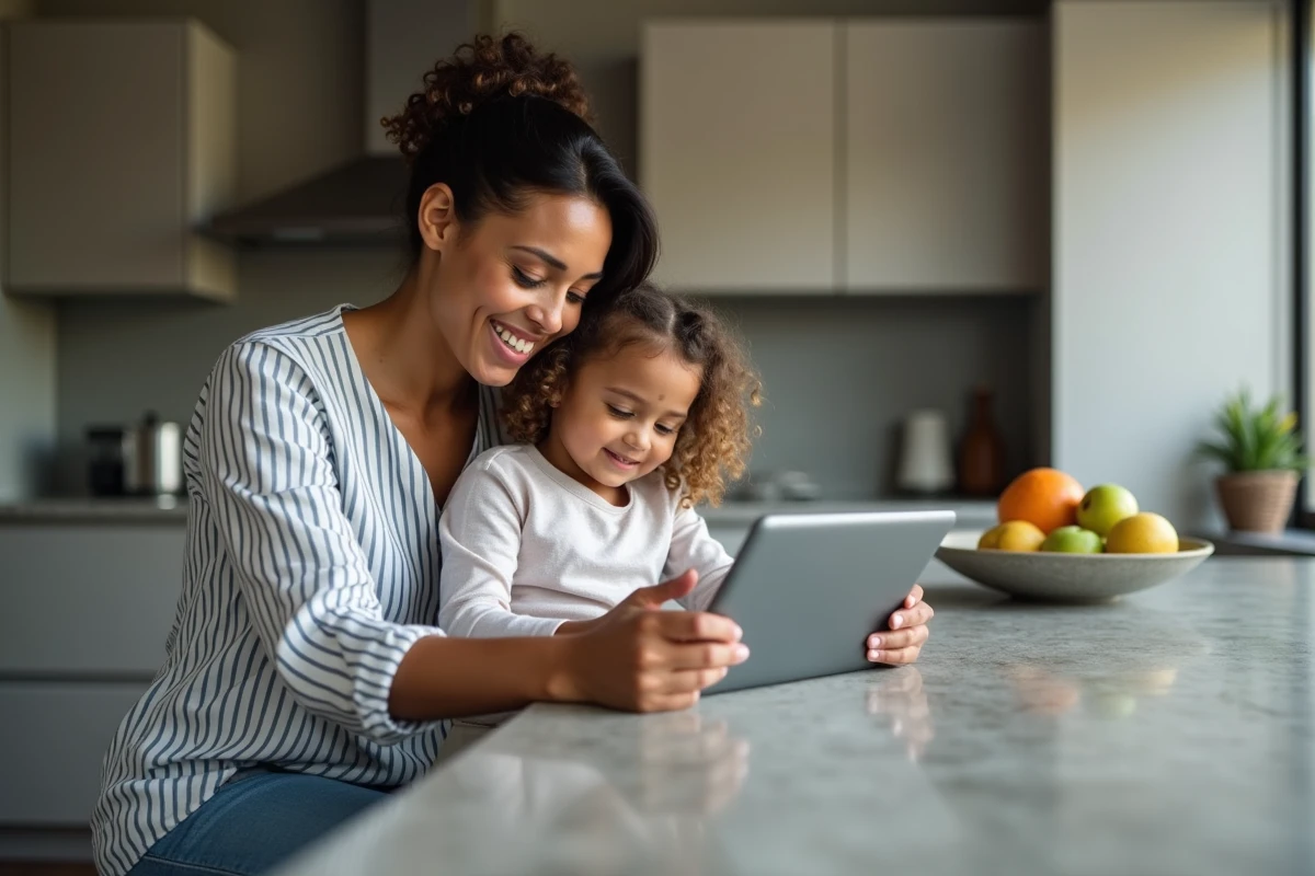 Maman et sa fille partageant un moment avec une tablette dans la cuisine