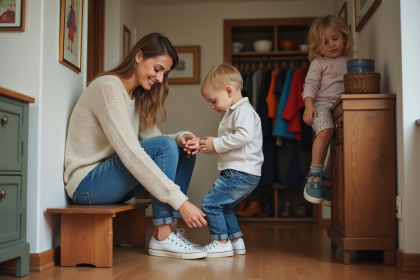 Maman aidant son enfant à lacer ses chaussures dans la maison