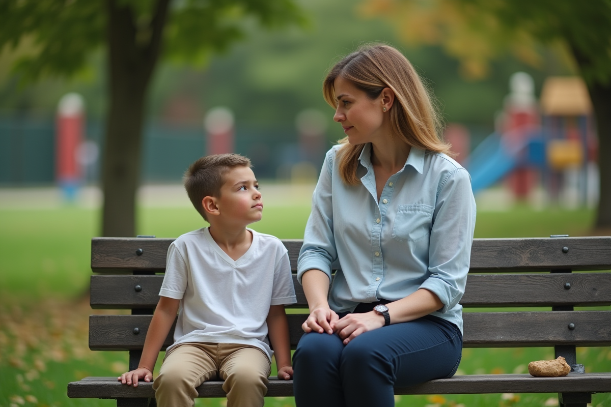 Maman assise sur un banc de parc avec son fils frustré