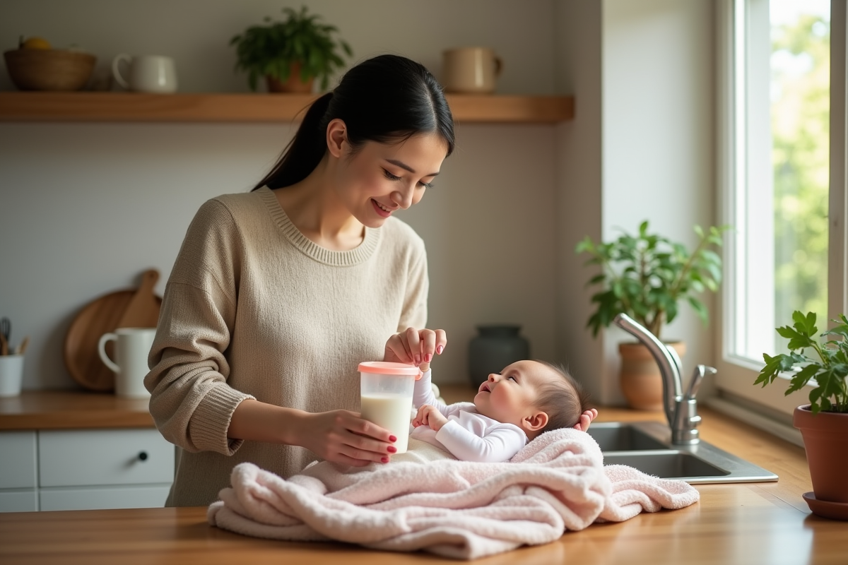 Maman préparant le lait de sa fille dans une cuisine lumineuse