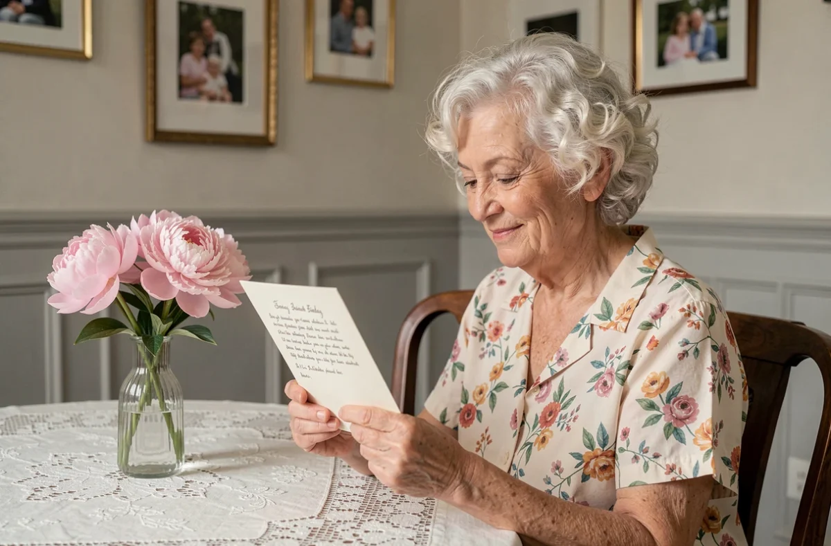 Mamie lisant une carte d'anniversaire manuscrite avec émotion dans une salle à manger de style provençal
