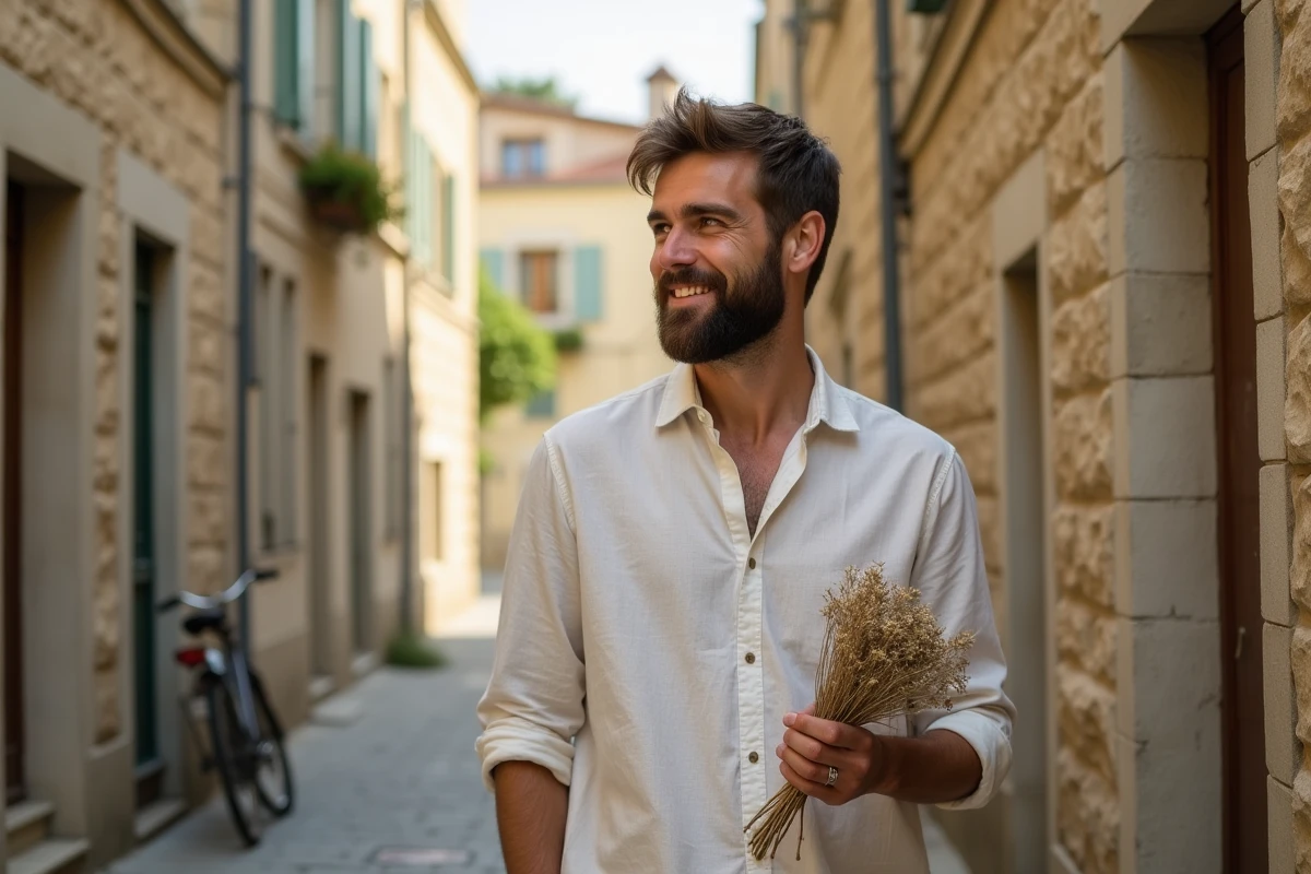 Portrait d'un homme tenant un bouquet de fleurs séchées dans une rue pavée de province, symbolisant une déclaration d'amour sincère