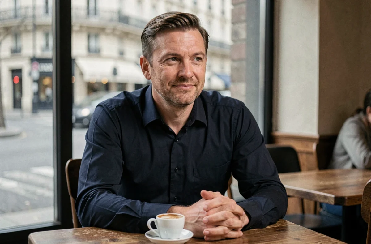 Portrait d'un homme discret et posé dans un café parisien, évoquant le mari d'une personnalité médiatique et son rapport à la notoriété