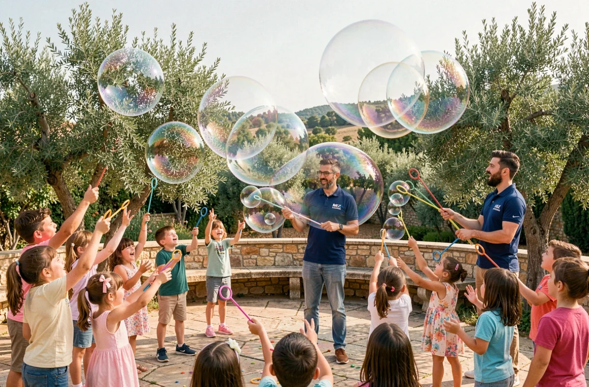 Animateur Max Animation réalisant un spectacle de bulles géantes pour des enfants lors d'un anniversaire en Occitanie