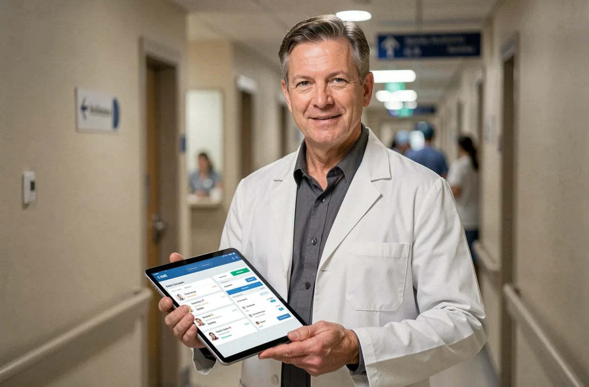 Médecin consultant le portail Médisysnet sur une tablette dans un couloir hospitalier
