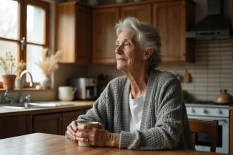 Mère d'une cinquantaine d'années seule dans sa cuisine, pensive et émotionnellement distante, illustrant la déception d'une mère envers sa fille adulte