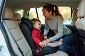 Mère installant son enfant en bas âge dans un siège auto homologué à l'intérieur d'une voiture familiale compacte