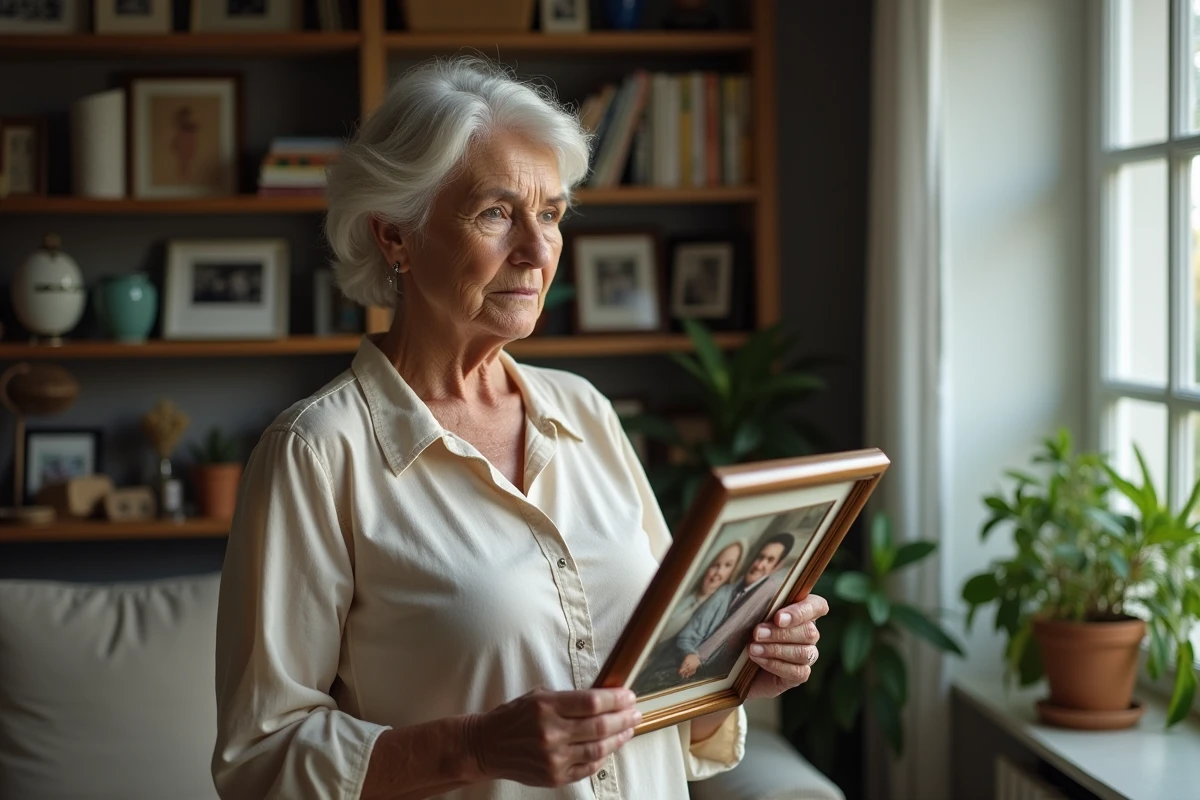Mère âgée tenant une photo de famille dans son salon, regard mélancolique reflétant la distance émotionnelle avec sa fille adulte