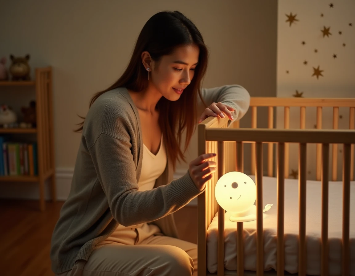 Jeune mère ajustant une veilleuse musicale sur le lit de son bébé dans une chambre parentale cosy et chaleureuse